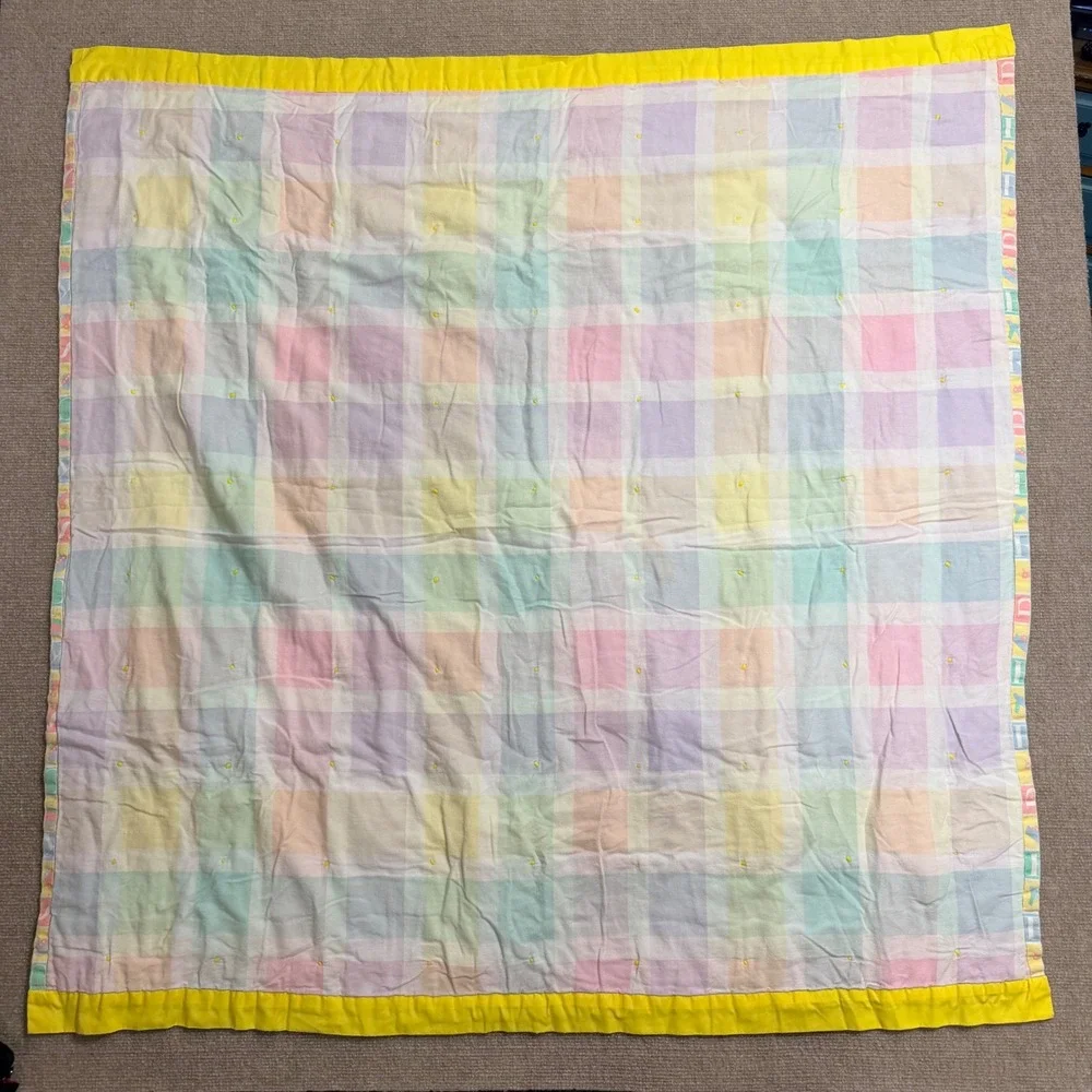 Vintage Handmade Baby Quilt Alphabet Block Pastel Plaid Yellow Ruffle Trim 45x45